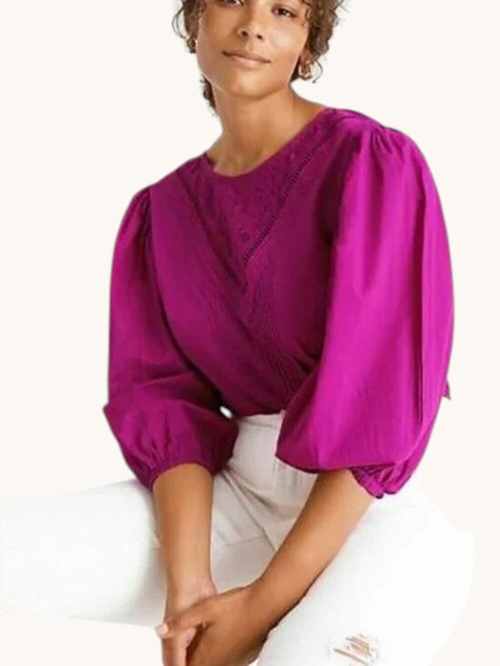 Farm Rio Kelsie Purple Puff Sleeve Blouse Embroidered Lace Bib